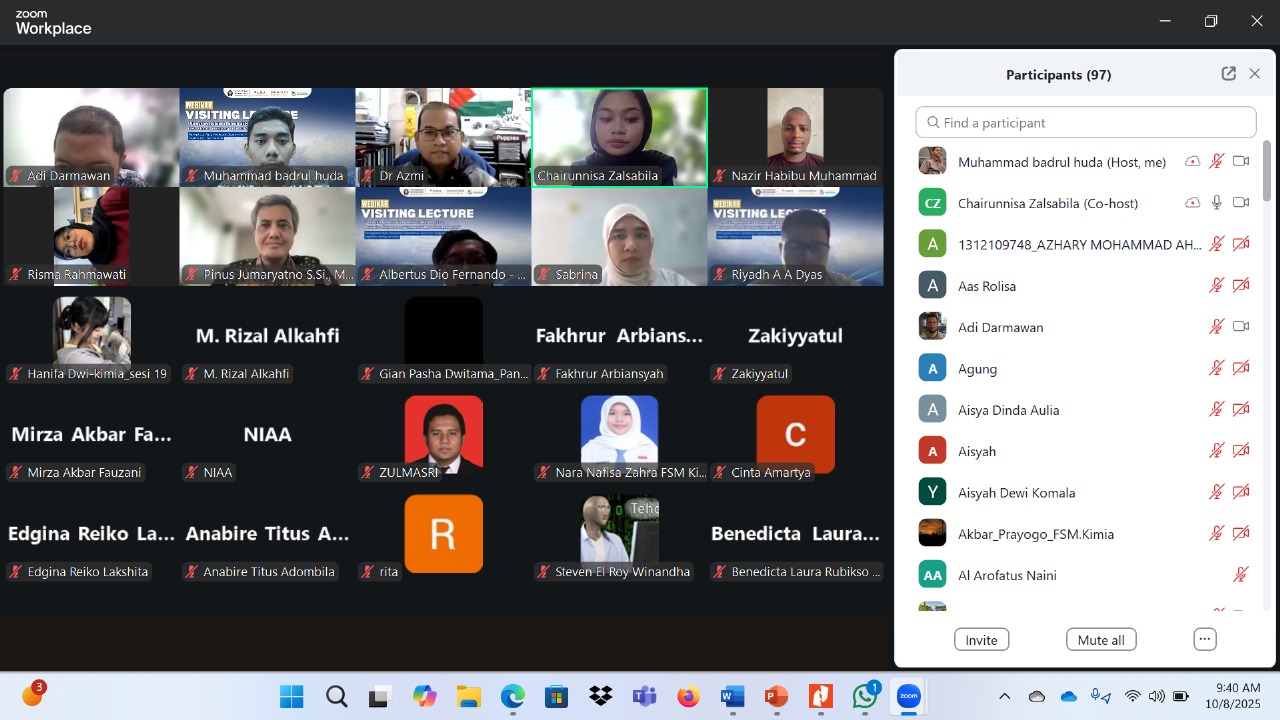 Dr. Mohamad Nurul Azmi Mohamad Taib dari Universiti Sains Malaysia saat menyampaikan materi dalam kegiatan Visiting Lecture Departemen Kimia FSM UNDIP secara daring, Rabu (8/10/2025).